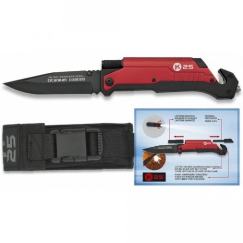 NAVAJA LINTERNA Y PEDERNAL FILO LISO-ROJO K25 