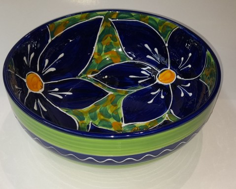 ENSALADERA DE CERÁMICA ARTESANAL FLORES AZUL/VERDE