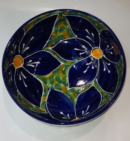 ENSALADERA DE CERÁMICA ARTESANAL FLORES AZUL/VERDE